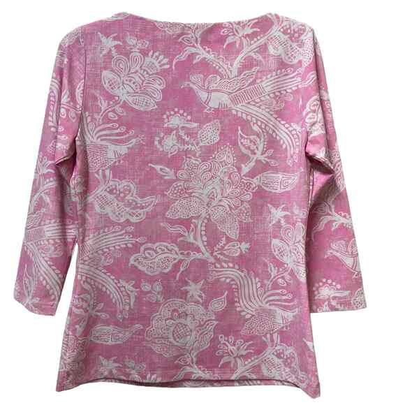 J. McLaughlin Pink & White Peacock Floral Print Signature Tee Small - Picture 2 of 5